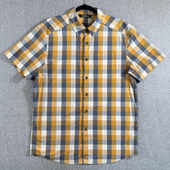 Arc'teryx Shirt Mens Large Yellow Gray Plaid Button Up Short Sleeve Outdoor Top - Picture 1 of 13